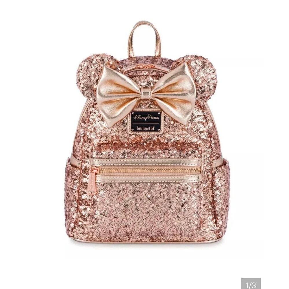 Disney Parks Exclusive Loungefly Sequined Rose Gold Pink Mini Backpack Bag EUC